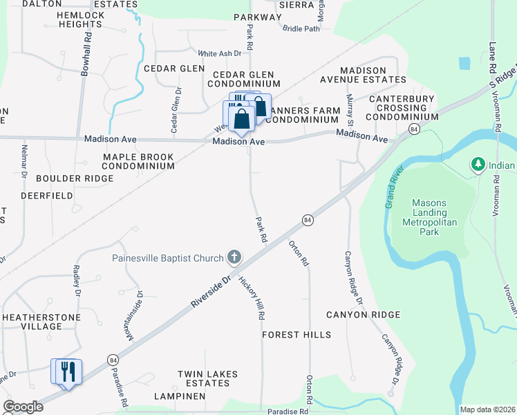 map of restaurants, bars, coffee shops, grocery stores, and more near 85 Park Road in Painesville