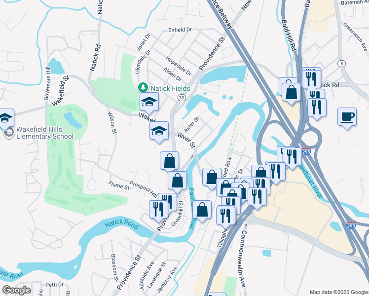 map of restaurants, bars, coffee shops, grocery stores, and more near 58 River Street in West Warwick
