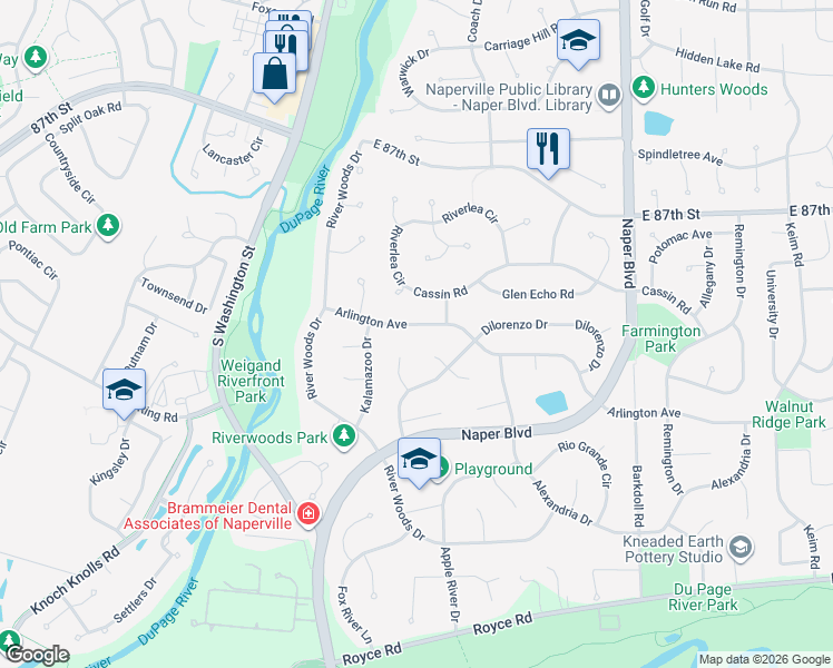 map of restaurants, bars, coffee shops, grocery stores, and more near 235 Arlington Avenue in Naperville