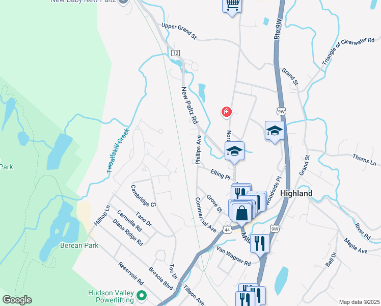 map of restaurants, bars, coffee shops, grocery stores, and more near 50 Phillips Ave in Highland