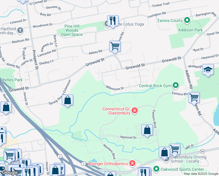 map of restaurants, bars, coffee shops, grocery stores, and more near 44 Gayfeather Lane in Glastonbury