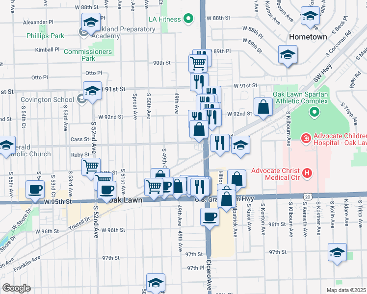 map of restaurants, bars, coffee shops, grocery stores, and more near 4853 West 93rd Street in Oak Lawn