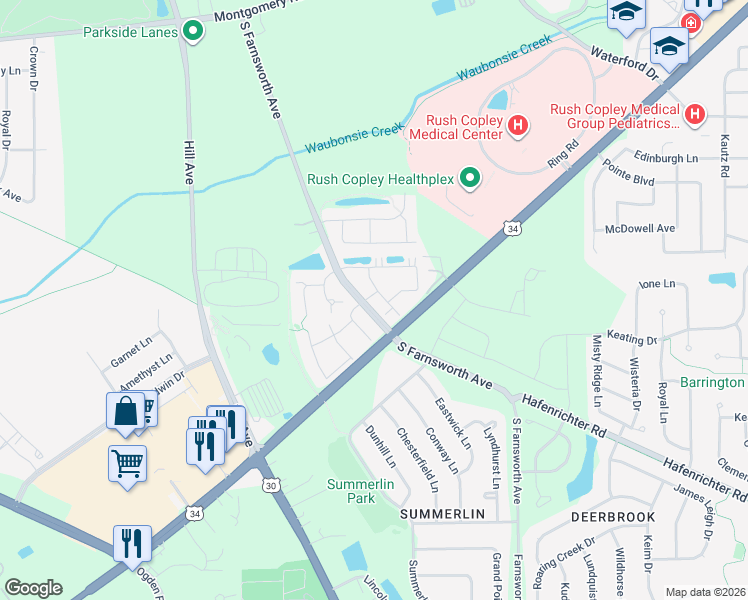 map of restaurants, bars, coffee shops, grocery stores, and more near 5 Summerfield Drive in Aurora