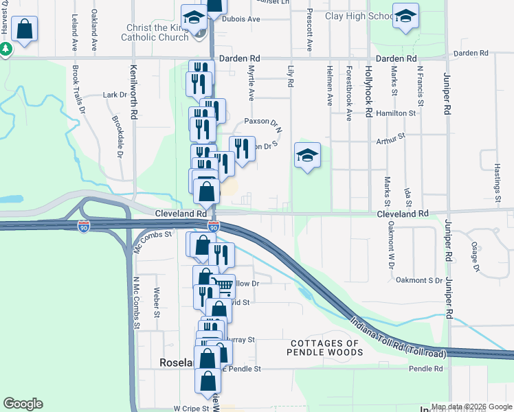 map of restaurants, bars, coffee shops, grocery stores, and more near 19671 Cleveland Road in South Bend