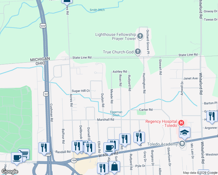 map of restaurants, bars, coffee shops, grocery stores, and more near 6030 Meade Road in Sylvania