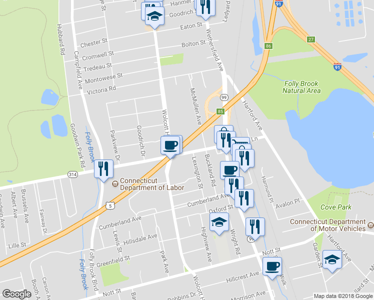 map of restaurants, bars, coffee shops, grocery stores, and more near 146 Jordan Lane in Wethersfield