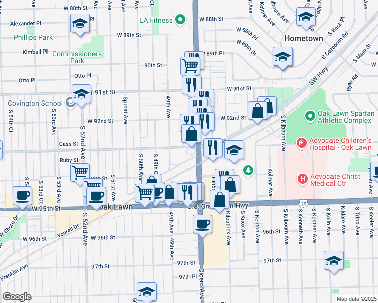 map of restaurants, bars, coffee shops, grocery stores, and more near 9267 South Cicero Avenue in Oak Lawn