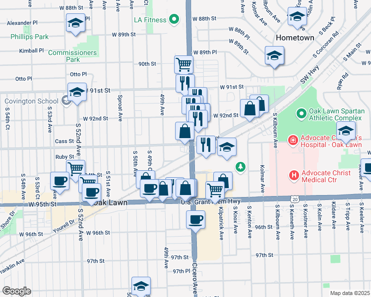 map of restaurants, bars, coffee shops, grocery stores, and more near 9267 South Cicero Avenue in Oak Lawn