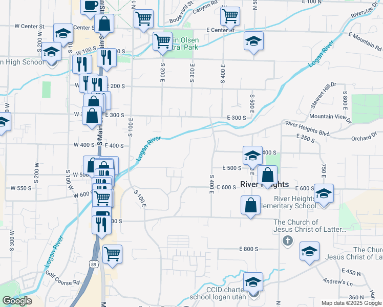 map of restaurants, bars, coffee shops, grocery stores, and more near 426 South 300 East Street in River Heights