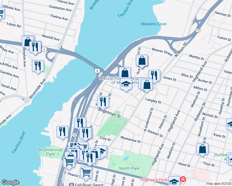 map of restaurants, bars, coffee shops, grocery stores, and more near 157 Essex Street in Fall River
