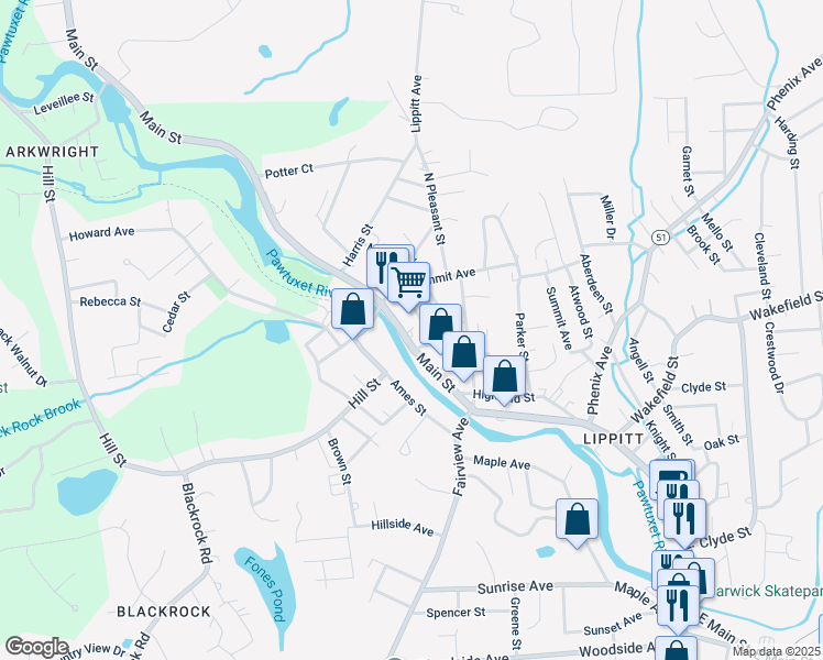 map of restaurants, bars, coffee shops, grocery stores, and more near 666 Main Street in Coventry