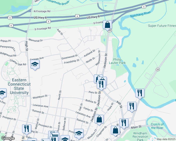 map of restaurants, bars, coffee shops, grocery stores, and more near 383 Ash Street in Windham