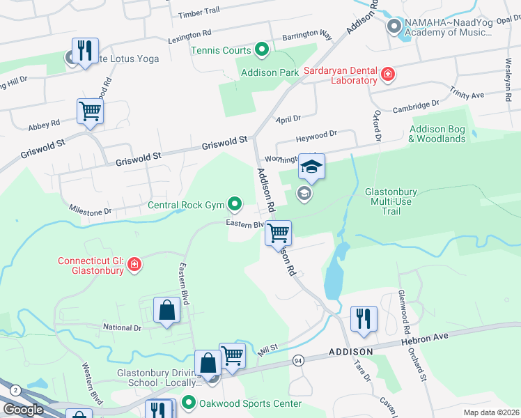 map of restaurants, bars, coffee shops, grocery stores, and more near 219 Addison Road in Glastonbury