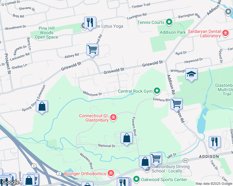 map of restaurants, bars, coffee shops, grocery stores, and more near 2 Holly Lane in Glastonbury
