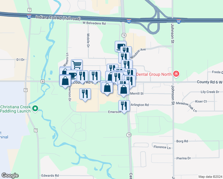 map of restaurants, bars, coffee shops, grocery stores, and more near 285 County Road 6 in Elkhart