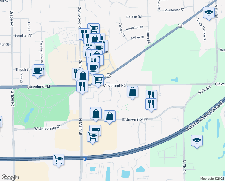 map of restaurants, bars, coffee shops, grocery stores, and more near 430 Cleveland Road in Granger