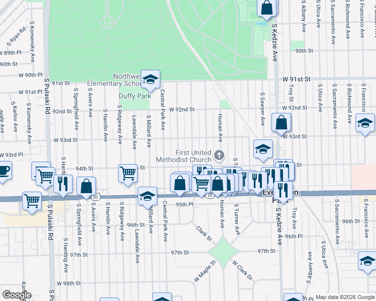 map of restaurants, bars, coffee shops, grocery stores, and more near 9304 South Saint Louis Avenue in Evergreen Park