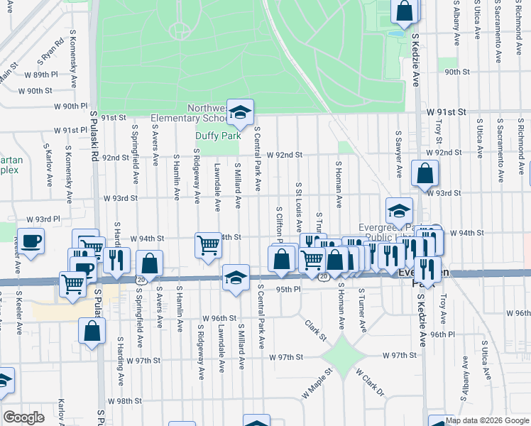 map of restaurants, bars, coffee shops, grocery stores, and more near 9300 South Clifton Park Avenue in Evergreen Park