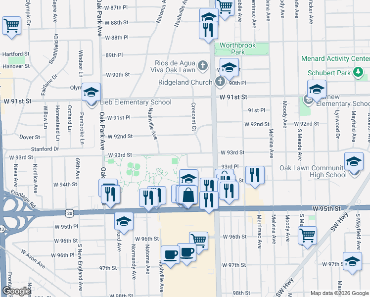 map of restaurants, bars, coffee shops, grocery stores, and more near 6545 West 92nd Street in Oak Lawn