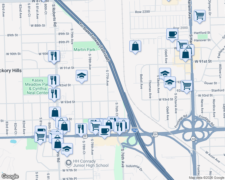 map of restaurants, bars, coffee shops, grocery stores, and more near 9207 South 77th Avenue in Bridgeview