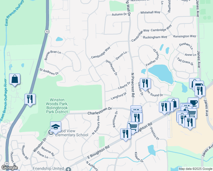 map of restaurants, bars, coffee shops, grocery stores, and more near 644 North Ashbury Avenue in Bolingbrook
