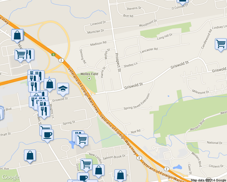 map of restaurants, bars, coffee shops, grocery stores, and more near 15 Salem Court in Glastonbury
