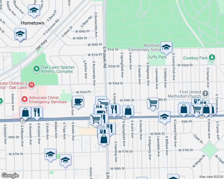 map of restaurants, bars, coffee shops, grocery stores, and more near 9301 South Harding Avenue in Evergreen Park