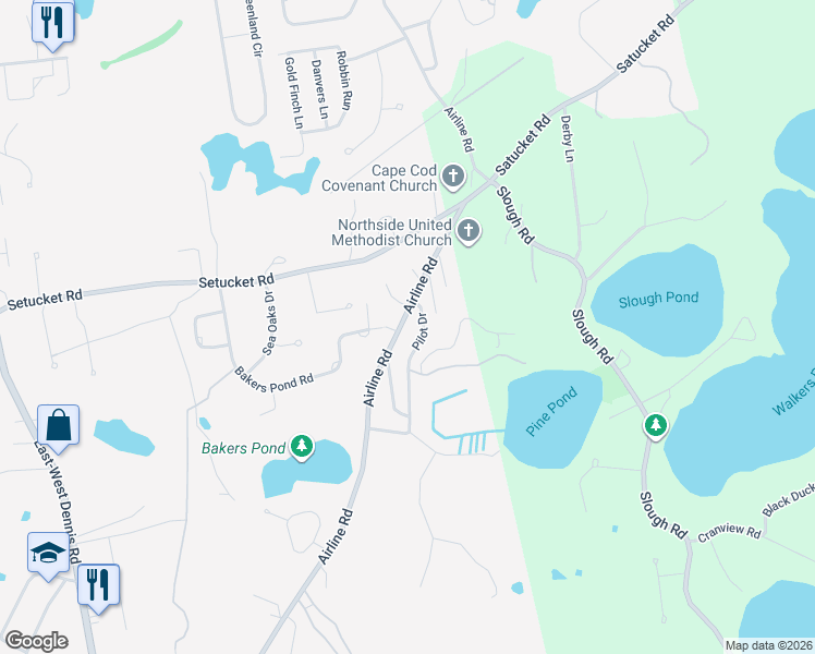 map of restaurants, bars, coffee shops, grocery stores, and more near 370 Airline Road in Dennis