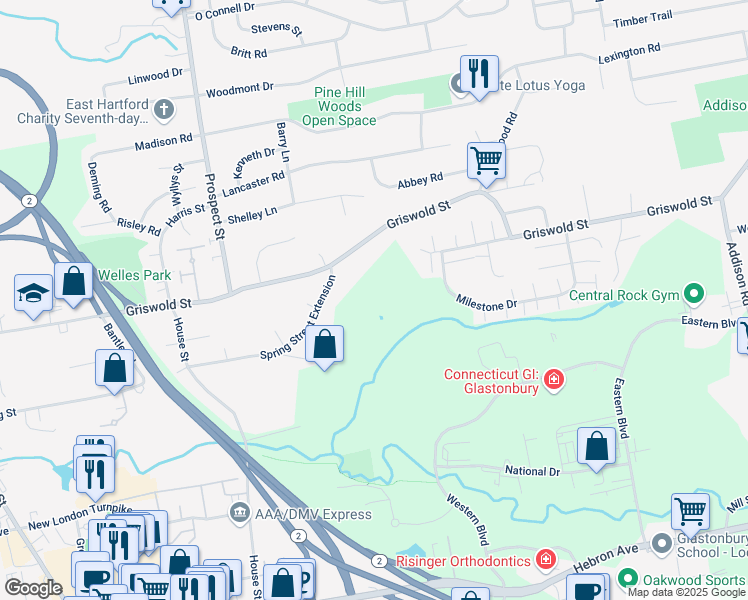 map of restaurants, bars, coffee shops, grocery stores, and more near 378A Griswold Street in Glastonbury