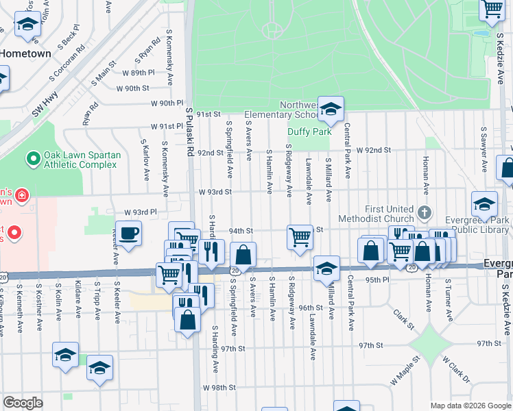 map of restaurants, bars, coffee shops, grocery stores, and more near 9321 South Avers Avenue in Evergreen Park