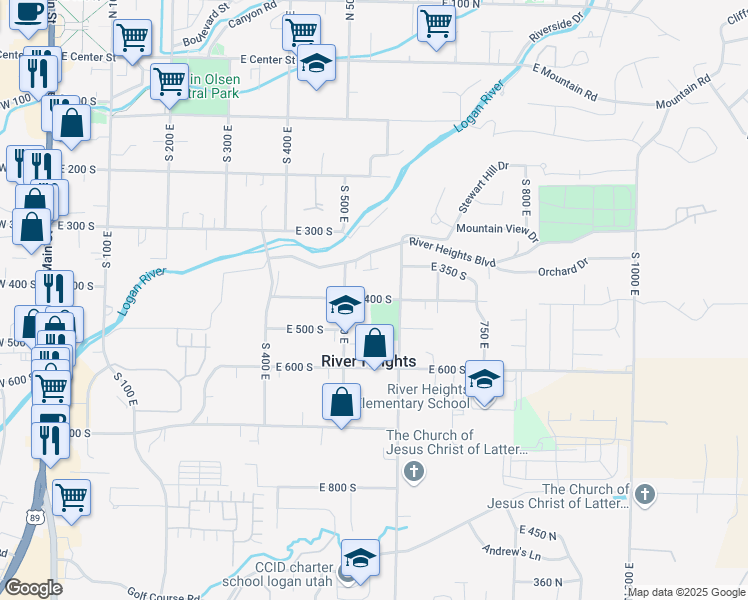 map of restaurants, bars, coffee shops, grocery stores, and more near East 400 South in Logan