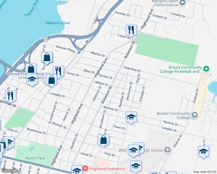 map of restaurants, bars, coffee shops, grocery stores, and more near 1800 Robeson Street in Fall River