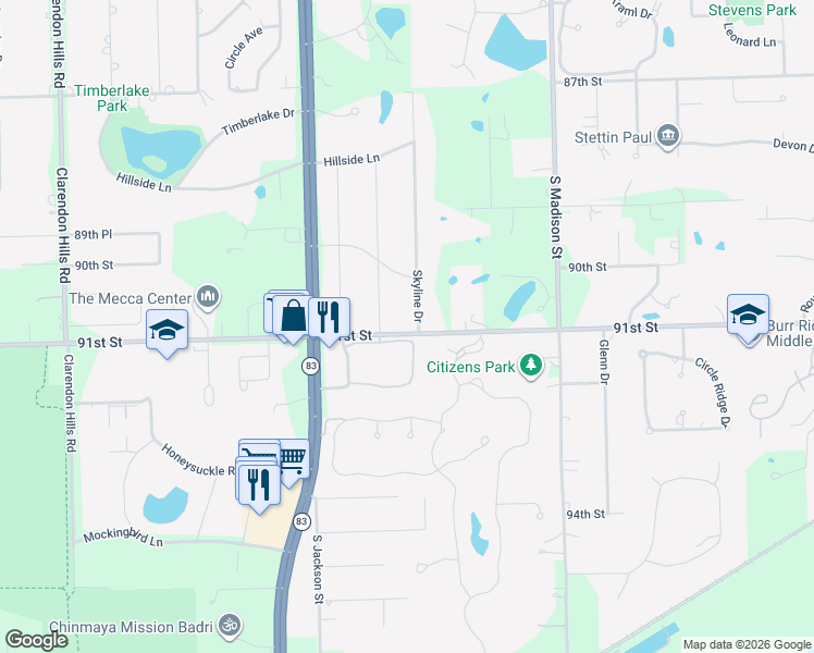 map of restaurants, bars, coffee shops, grocery stores, and more near 10S357 Palisades Road in Burr Ridge