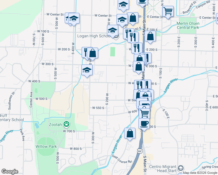 map of restaurants, bars, coffee shops, grocery stores, and more near 426 South 200 West in Logan