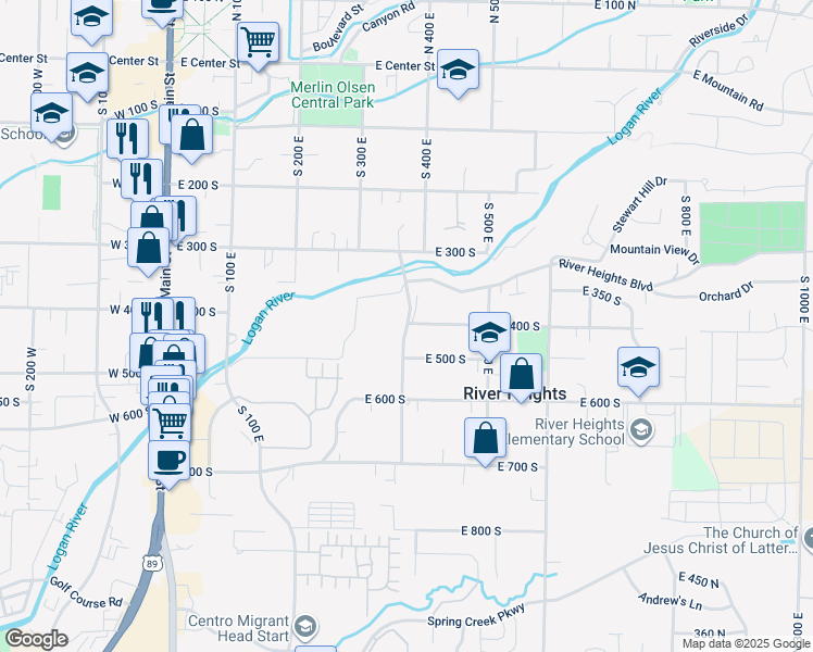 map of restaurants, bars, coffee shops, grocery stores, and more near 401 South 400 East in River Heights