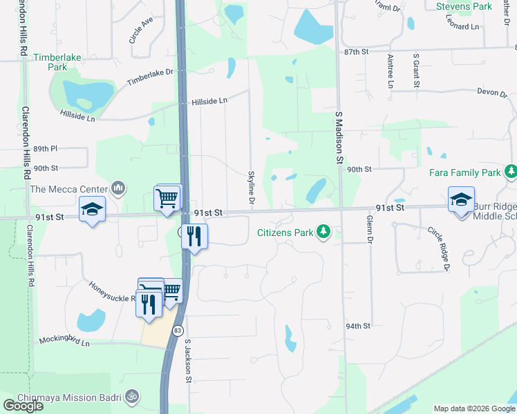 map of restaurants, bars, coffee shops, grocery stores, and more near 9035 Skyline Drive in Burr Ridge
