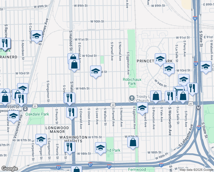 map of restaurants, bars, coffee shops, grocery stores, and more near 9340 South Parnell Avenue in Chicago