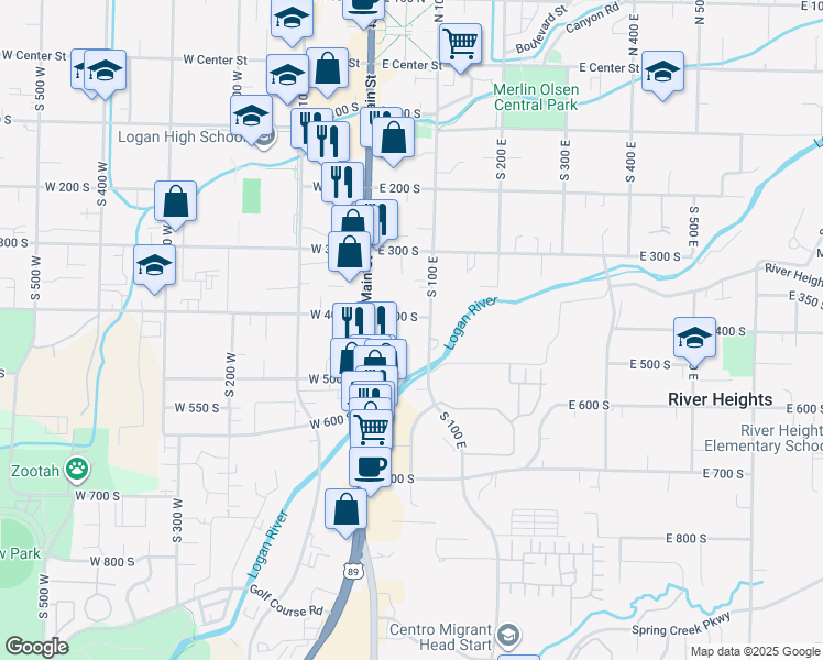 map of restaurants, bars, coffee shops, grocery stores, and more near 42 East 400 South in Logan