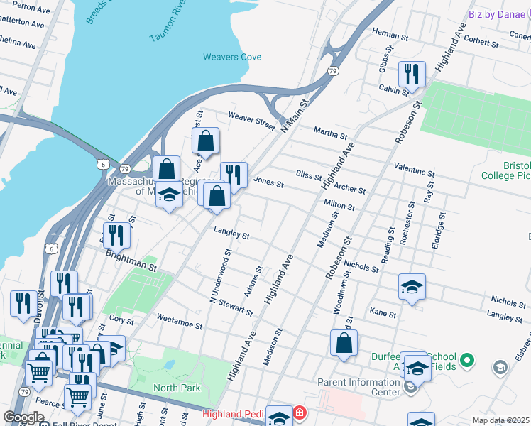 map of restaurants, bars, coffee shops, grocery stores, and more near 109 Stowe Street in Fall River