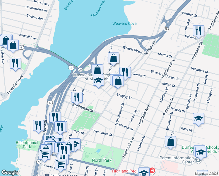 map of restaurants, bars, coffee shops, grocery stores, and more near 151 Cove Street in Fall River