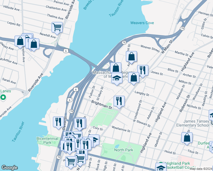 map of restaurants, bars, coffee shops, grocery stores, and more near 157 Essex Street in Fall River