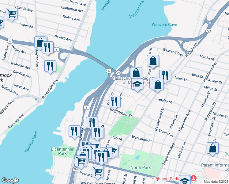 map of restaurants, bars, coffee shops, grocery stores, and more near 82 Wellington Street in Fall River