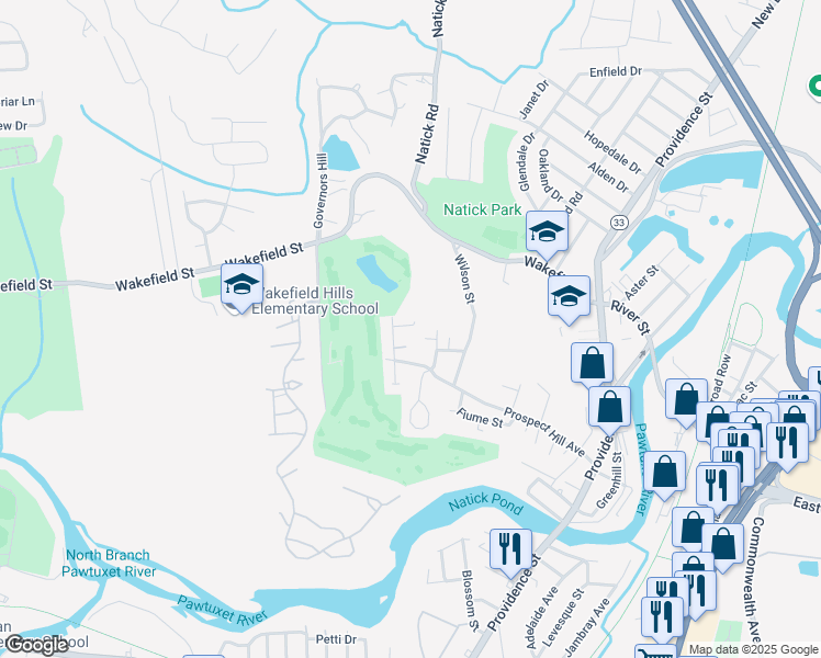 map of restaurants, bars, coffee shops, grocery stores, and more near 34 Lancelotta Street in West Warwick
