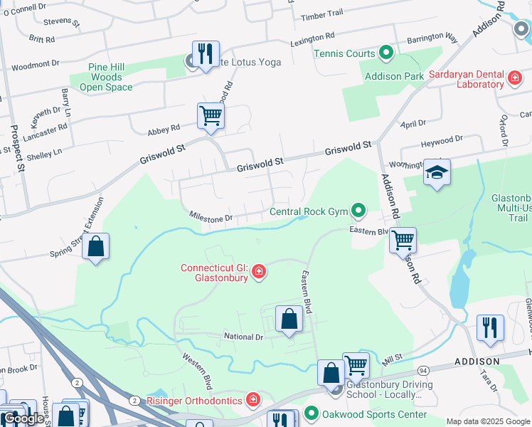 map of restaurants, bars, coffee shops, grocery stores, and more near 2 Holly Lane in Glastonbury