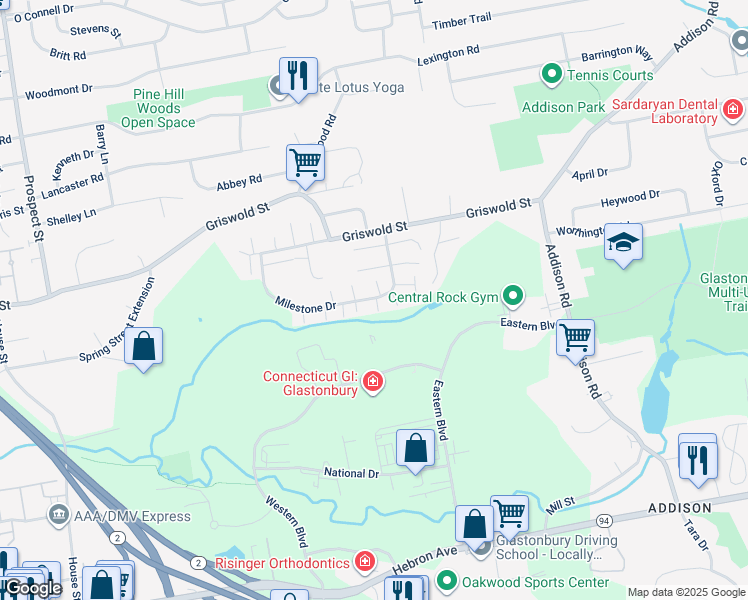 map of restaurants, bars, coffee shops, grocery stores, and more near 2 Holly Lane in Glastonbury