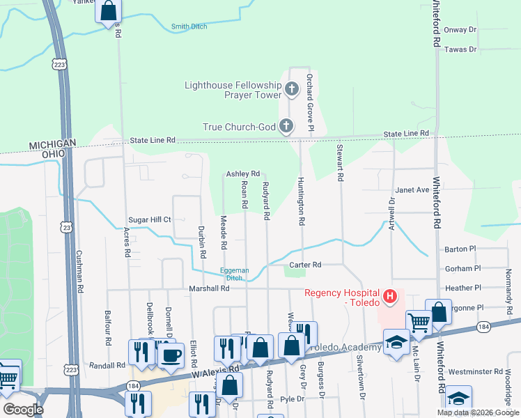 map of restaurants, bars, coffee shops, grocery stores, and more near 6028 Roan Road in Sylvania