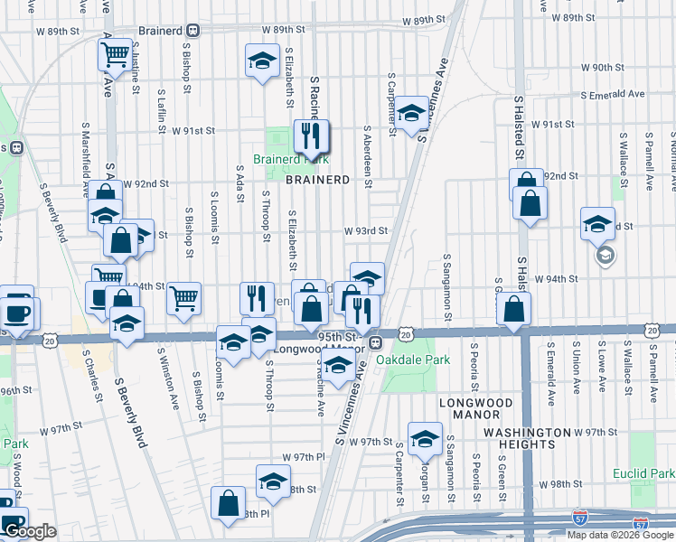map of restaurants, bars, coffee shops, grocery stores, and more near 9335 South Racine Avenue in Chicago