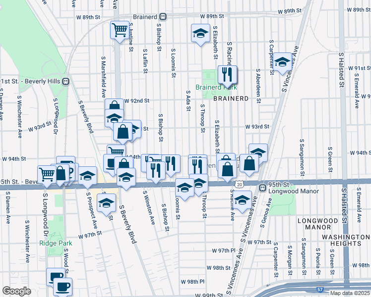 map of restaurants, bars, coffee shops, grocery stores, and more near 9328 South Ada Street in Chicago
