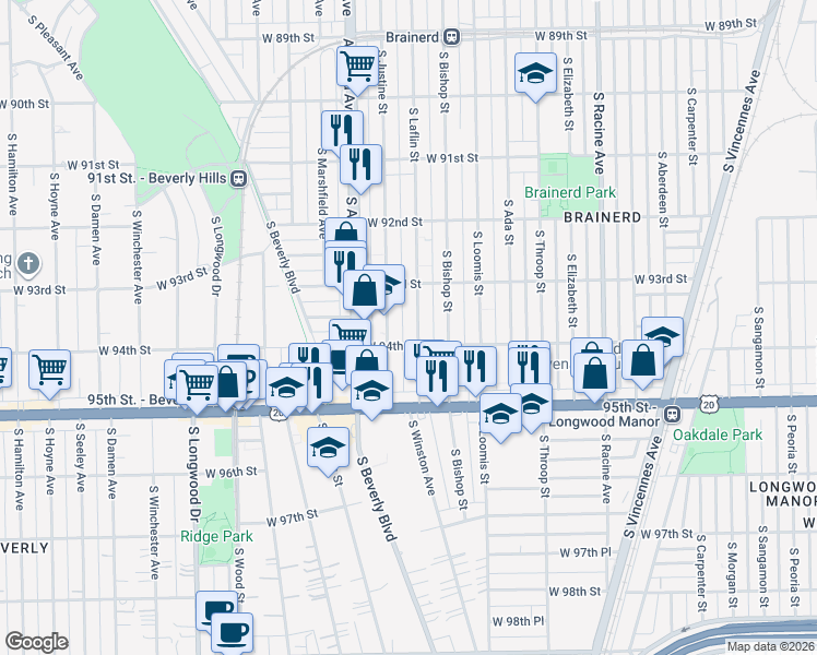 map of restaurants, bars, coffee shops, grocery stores, and more near 9329 South Laflin Street in Chicago