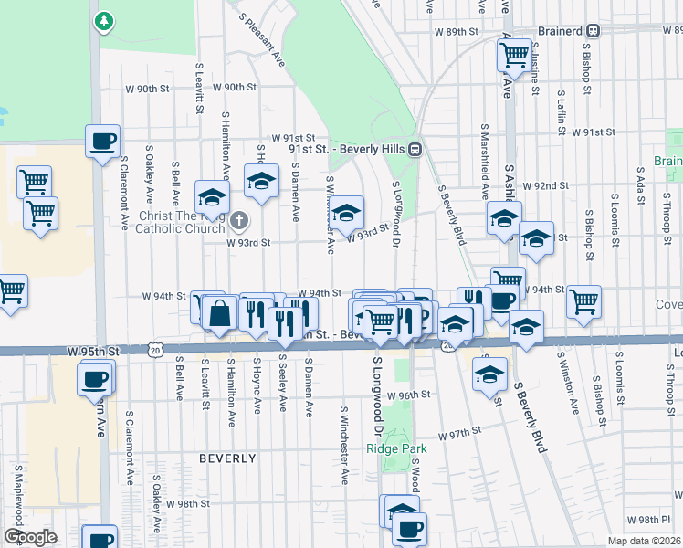 map of restaurants, bars, coffee shops, grocery stores, and more near 9321 South Winchester Avenue in Chicago
